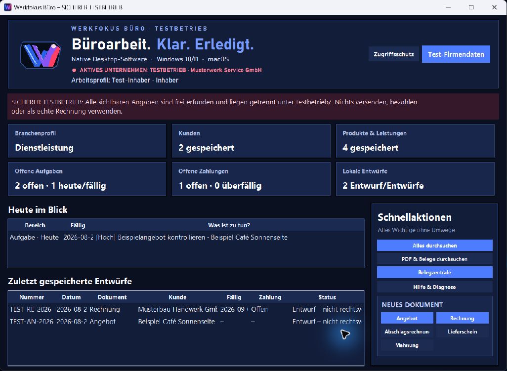 Werkfokus-Büro-Testbetrieb mit frei erfundenen Beispieldaten