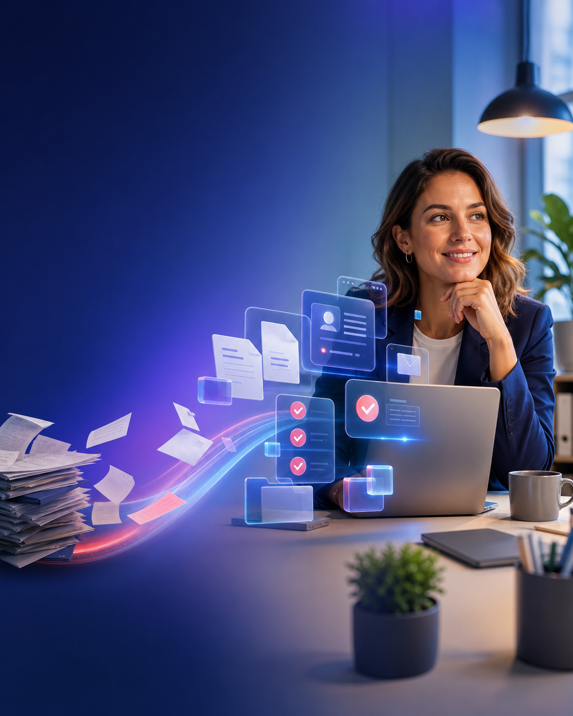 Unternehmerin organisiert Büroaufgaben digital mit Werkfokus Büro
